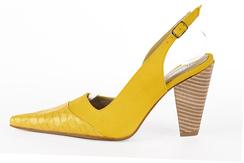 Yellow women's slingback shoes. Pointed toe. High cone heels. Profile view - Florence KOOIJMAN